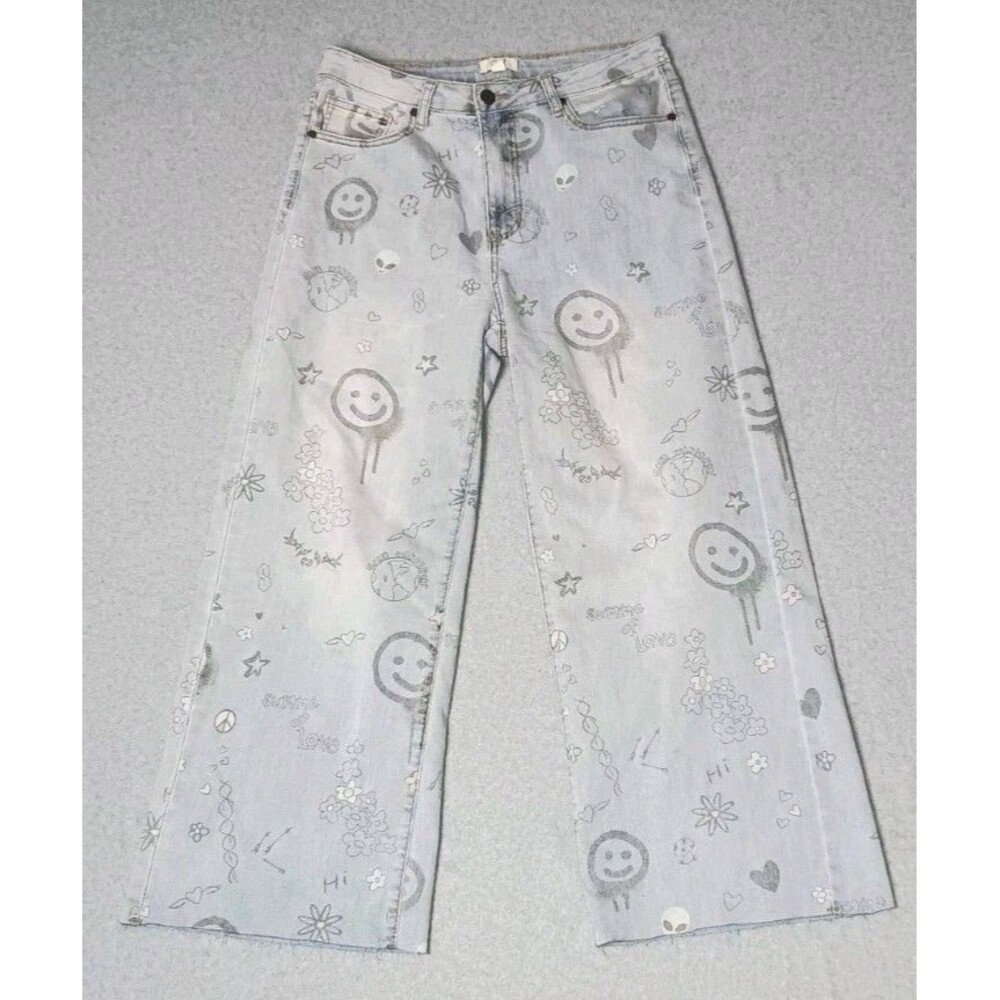 Easel Anthropologie Wide Leg Graffiti Pants Womens M Light Wash Blue Y2K Retro - Picture 1 of 13